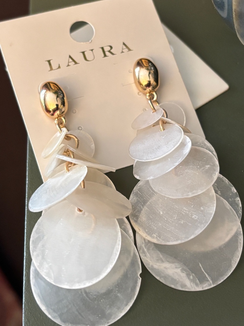 NWOT Gold-Top White Mother-of-Pearl Layered Disc Drop Earrings